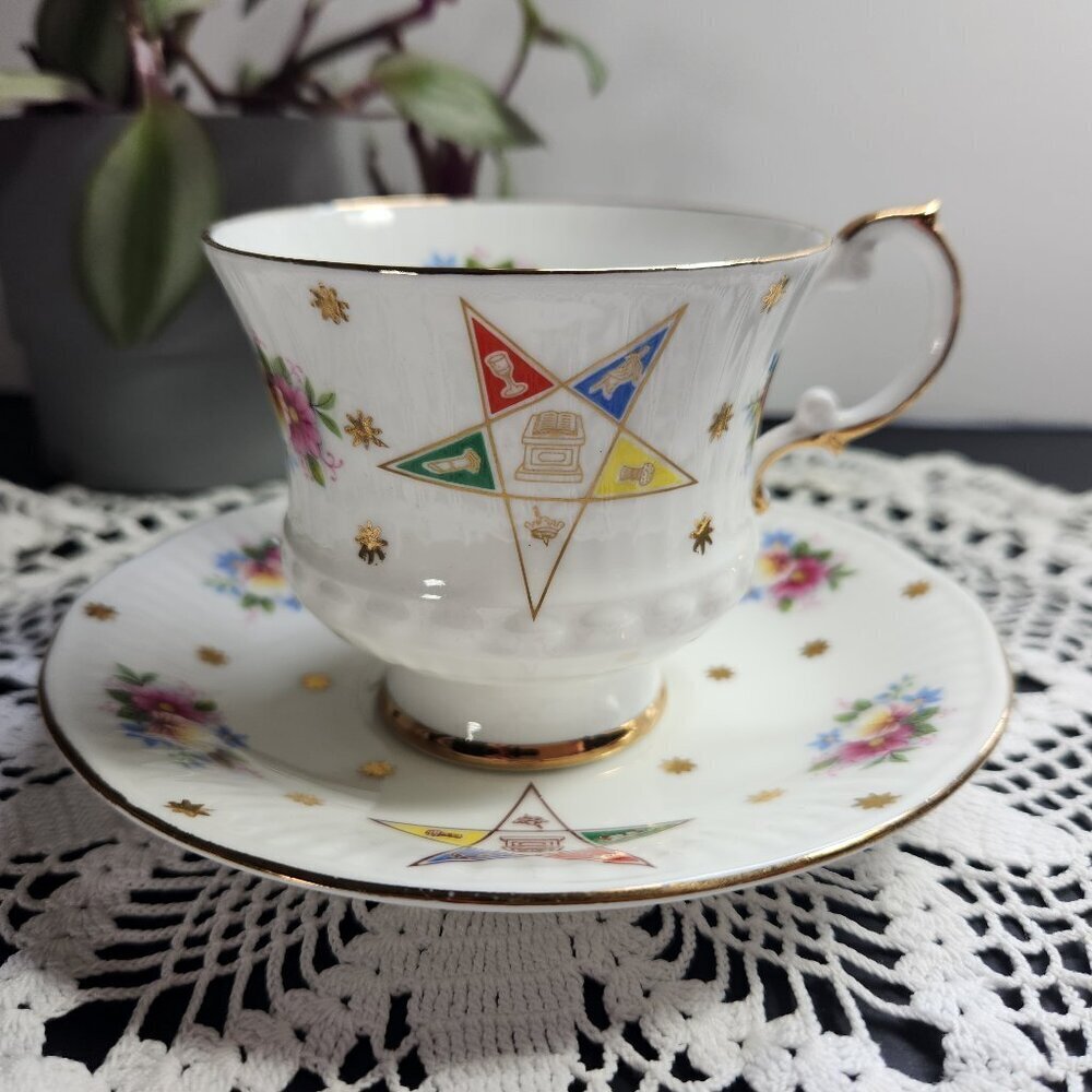 Elizabethan Bone China Cup & Saucer Order of the Eastern Star OES Masonic Vtg